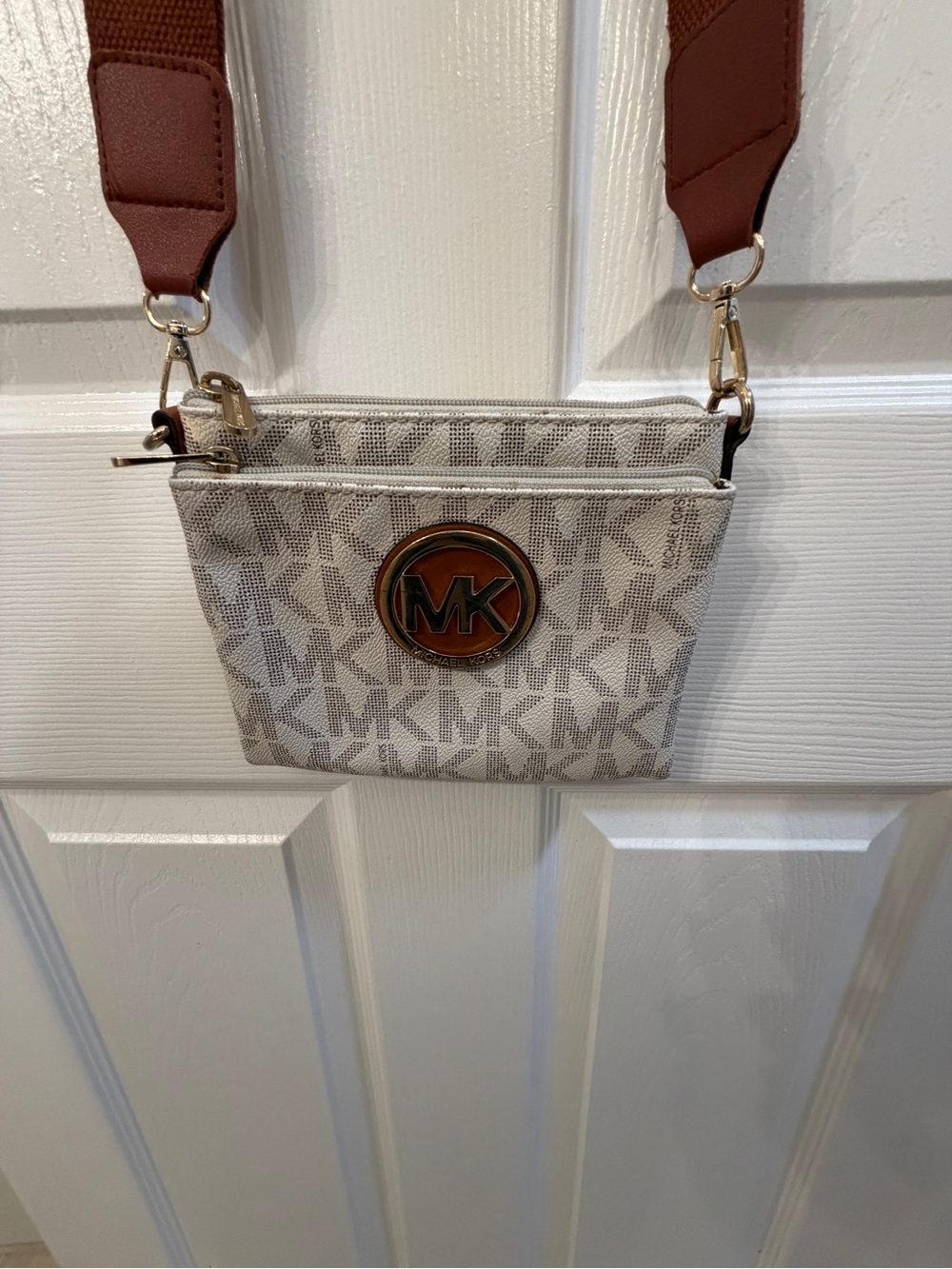 Michael Kors Cream Logo Crossbody with Brown Strap and Gold Hardware